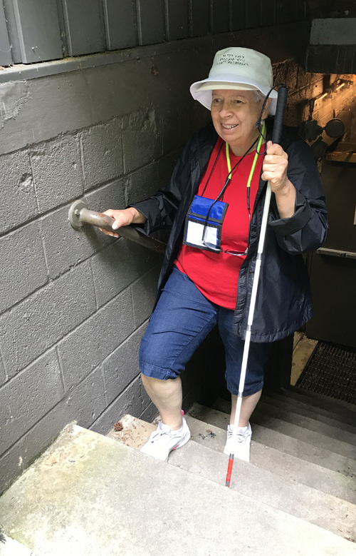 Photo shows a woman with a white cane walking up the stairs, reaching the next-to-last step.  Her hand is on the railing which ends a step before the top. 